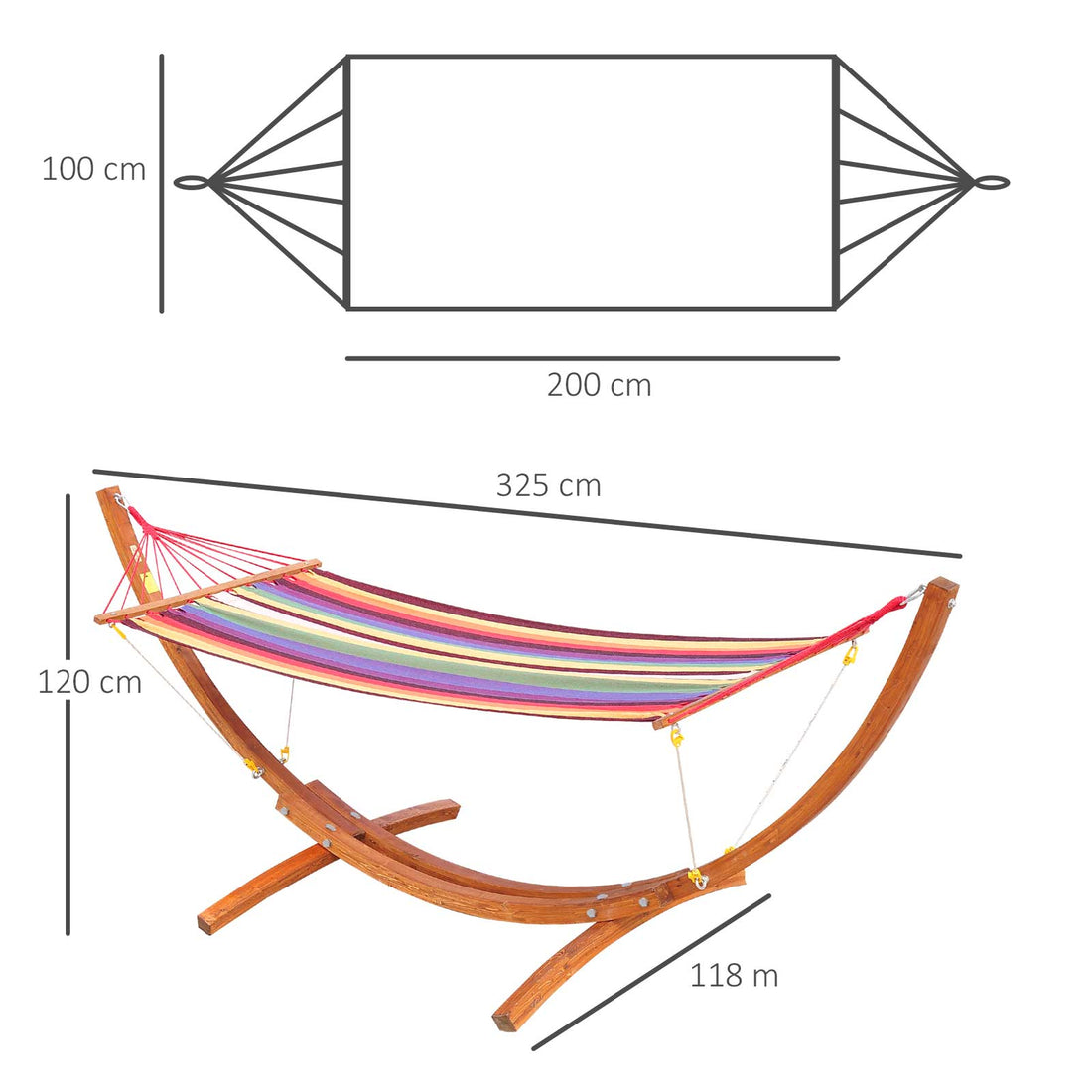 Outdoor Hammock with Stand, Free Standing Hammock with Arc Wooden Frame and 200 x 100cm Fabric, Garden Swing Hanging Bed with Safe Ropes, Multicolour