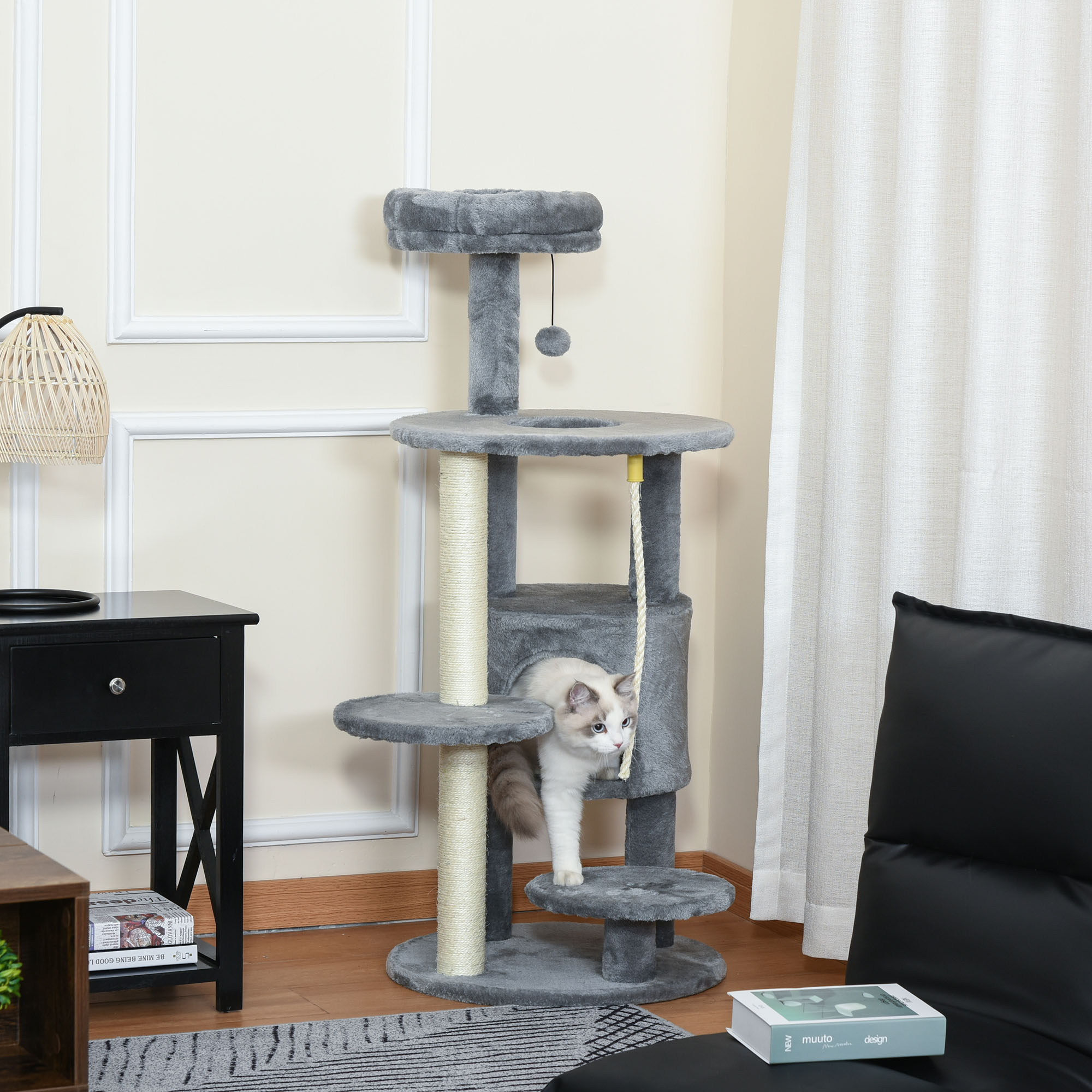 Cat Tree Tower for Indoor Cats 112cm Climbing Kitten Activity Center with Jute Scratching Post Perch Hanging Ball Toy Teasing Rope Dark grey