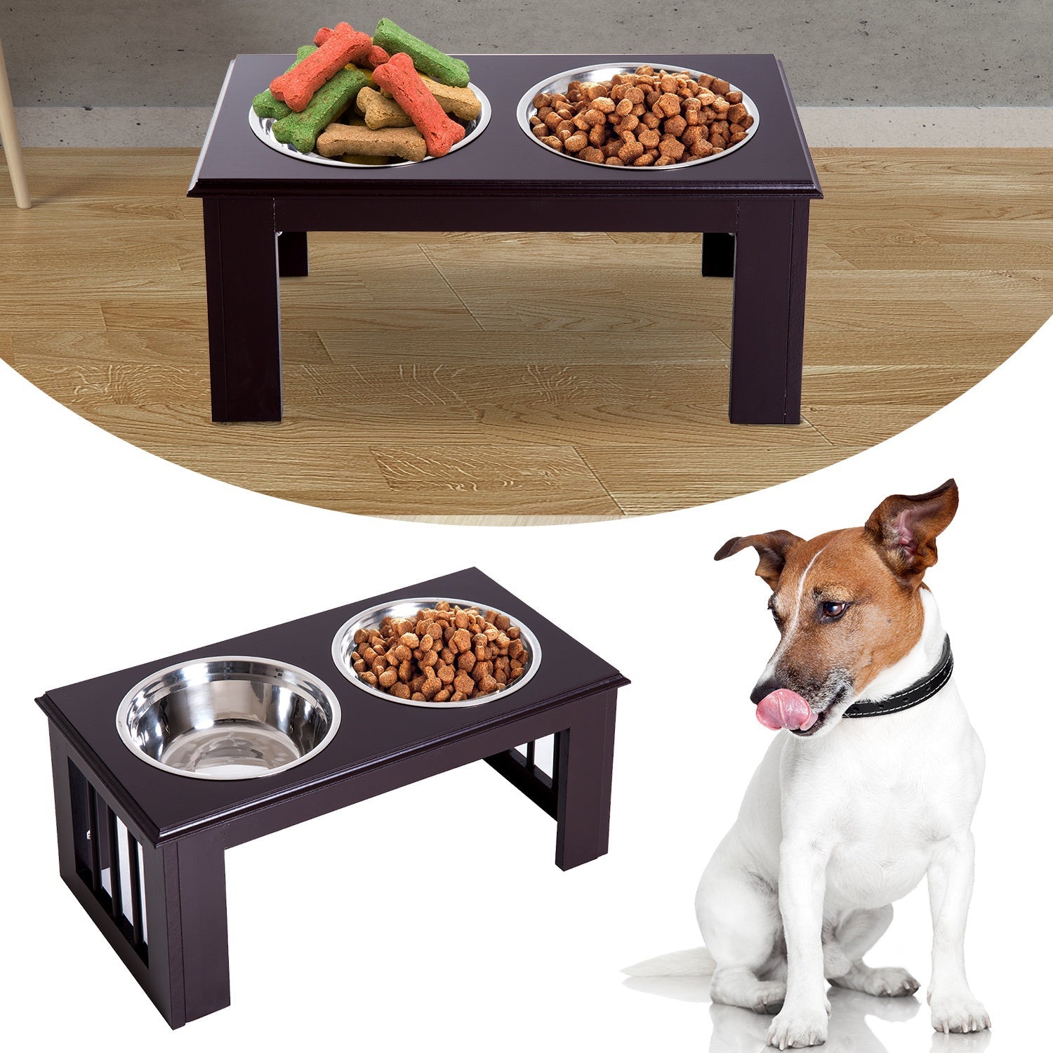 Raised Dog Feeding Bowls with Stand, Stainless Steel for Medium Dog, 58L x 31W x 25H cm - Brown