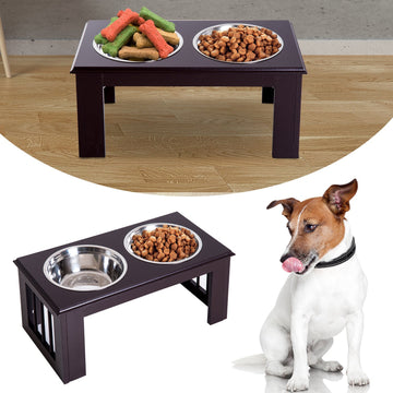 Raised Dog Feeding Bowls with Stand, Stainless Steel for Medium Dog, 58L x 31W x 25H cm - Brown