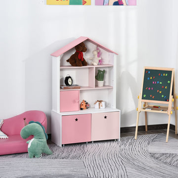 Kids Bookshelf Chest w/ Drawer with Wheels Baby Toy Wood Organizer Display Stand Storage Cabinet 80x34x130cm Pink