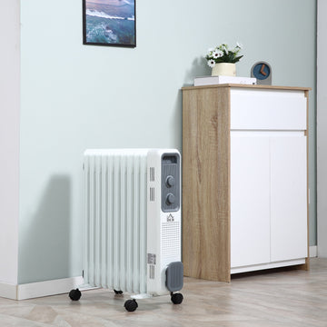 2500W Oil Filled Radiator, 11 Fin, Portable Electric Heater with 3 Heat Settings, Safety Cut-Off and Wheels, White