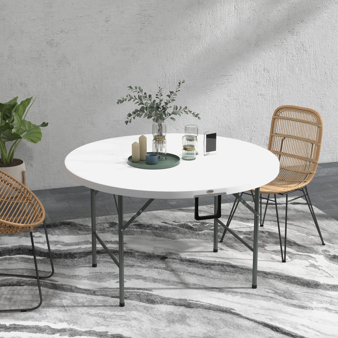 Φ122 Folding Garden Table, Outdoor HDPE Round Picnic Table for 6, Patio Table with Metal Frame, White