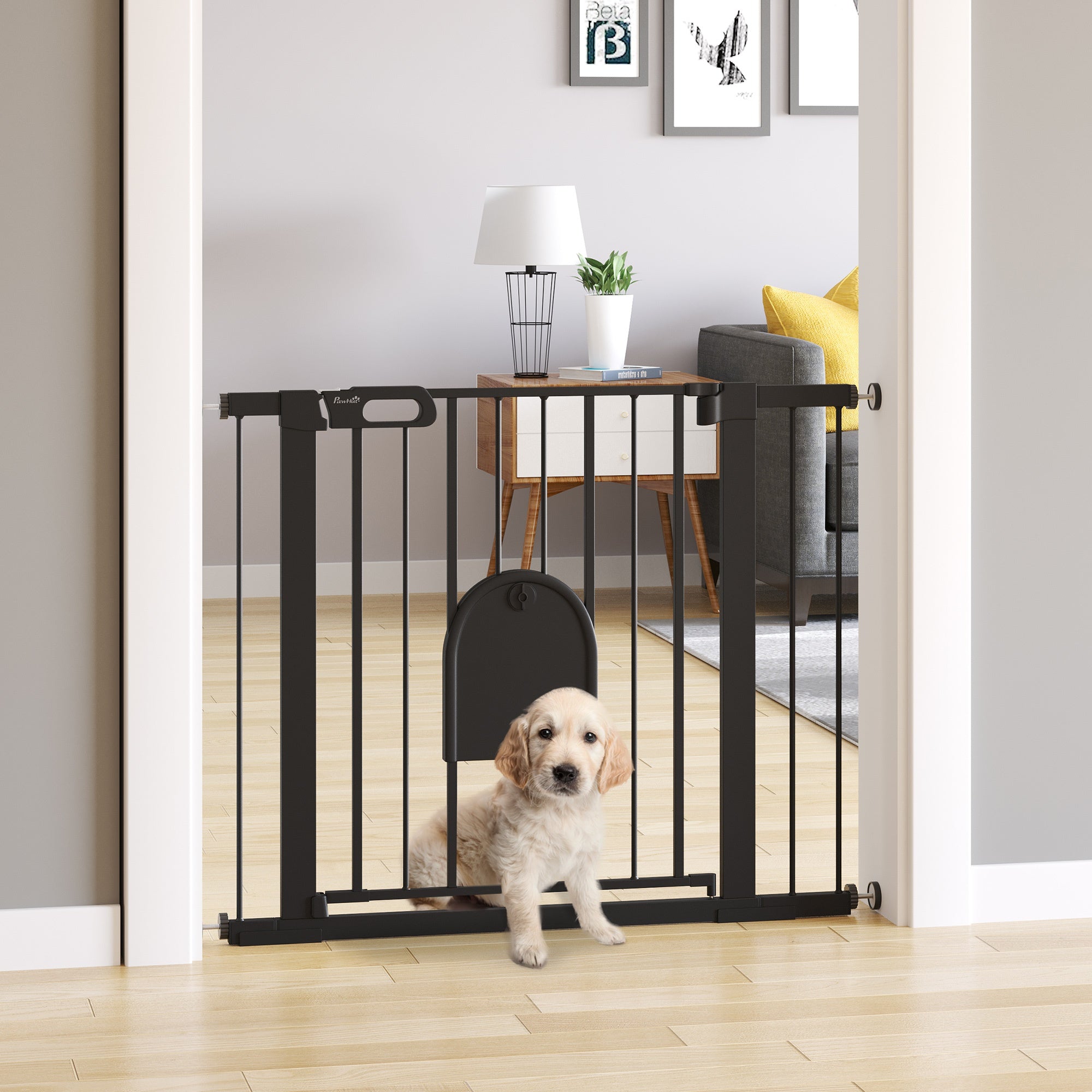 Dog Gate with Cat Flap Pet Safety Gate Barrier, Stair Pressure Fit, Auto Close, Double Locking, for Doorways, Hallways, 75-103 cm Black