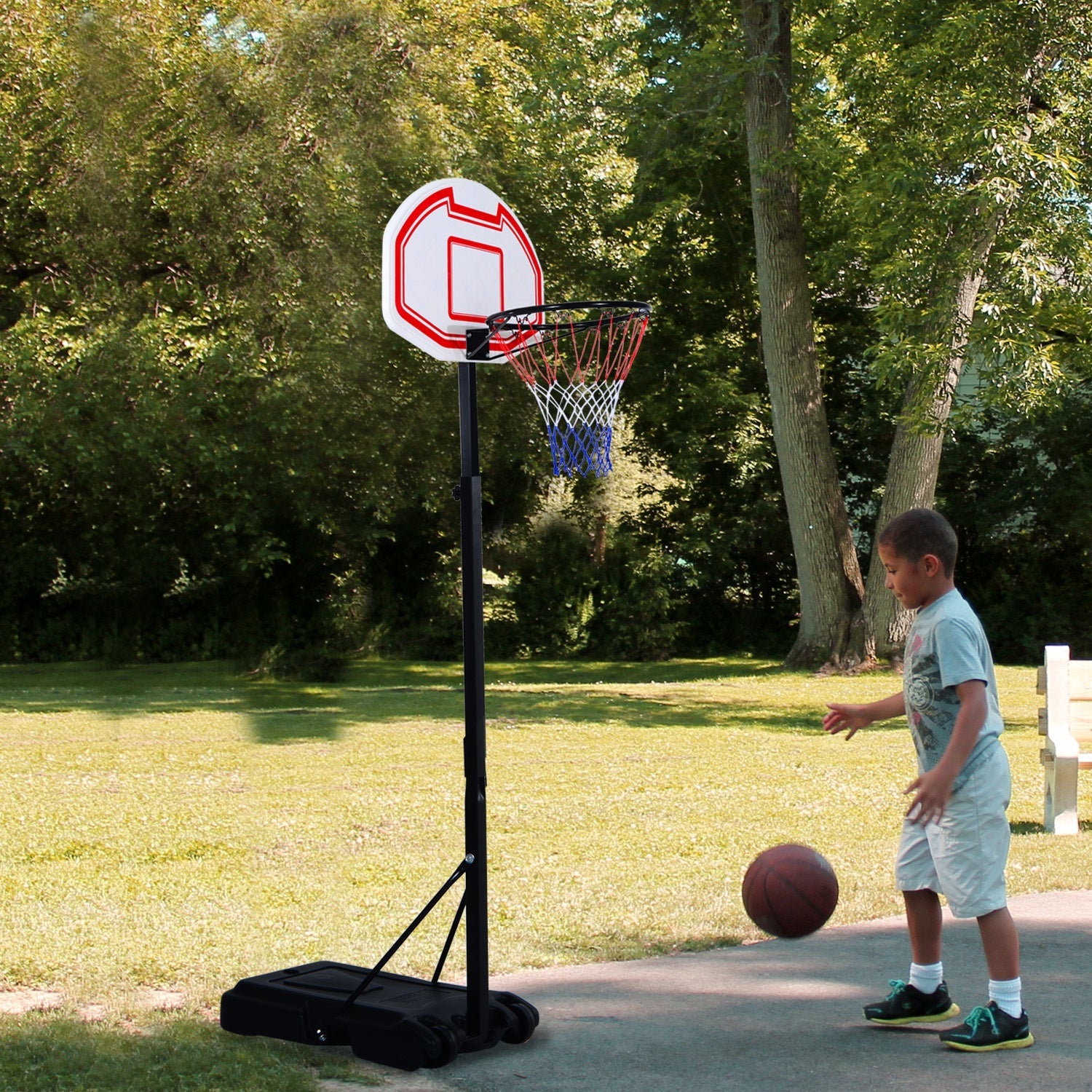 Basketball Hoop Outdoor, Portable Basketball Hoop and Stand with Weighted Base, Portable on Wheels, 1.55-2.1m, for Teens, Juniors, Adults, White