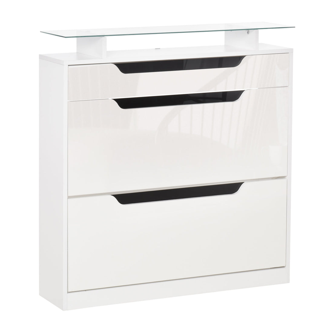 Shoe Storage Cabinet, Shoe Cupboard with Slide Out Drawer, 2 Flip Doors, Tempered Glass Top and Adjustable Shelves for 16 Pairs of Shoes, White