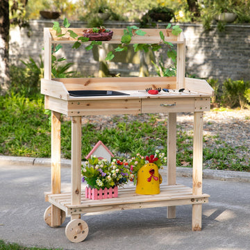 Garden Potting Bench Table, Wooden Work Station, Outdoor Planting Workbench with 2 Wheels, Sink, Drawer & Large Storage Spaces, 92x45x119cm