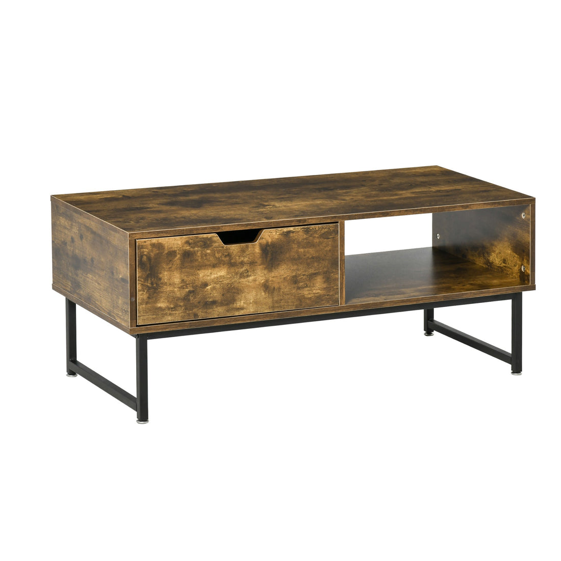 Industrial Coffee Table, Centre Table with Storage Shelf, Drawer and Metal Frame, Coffee Tables for Living Room, Office, 106W x 48D x 43H cm, Rustic Brown