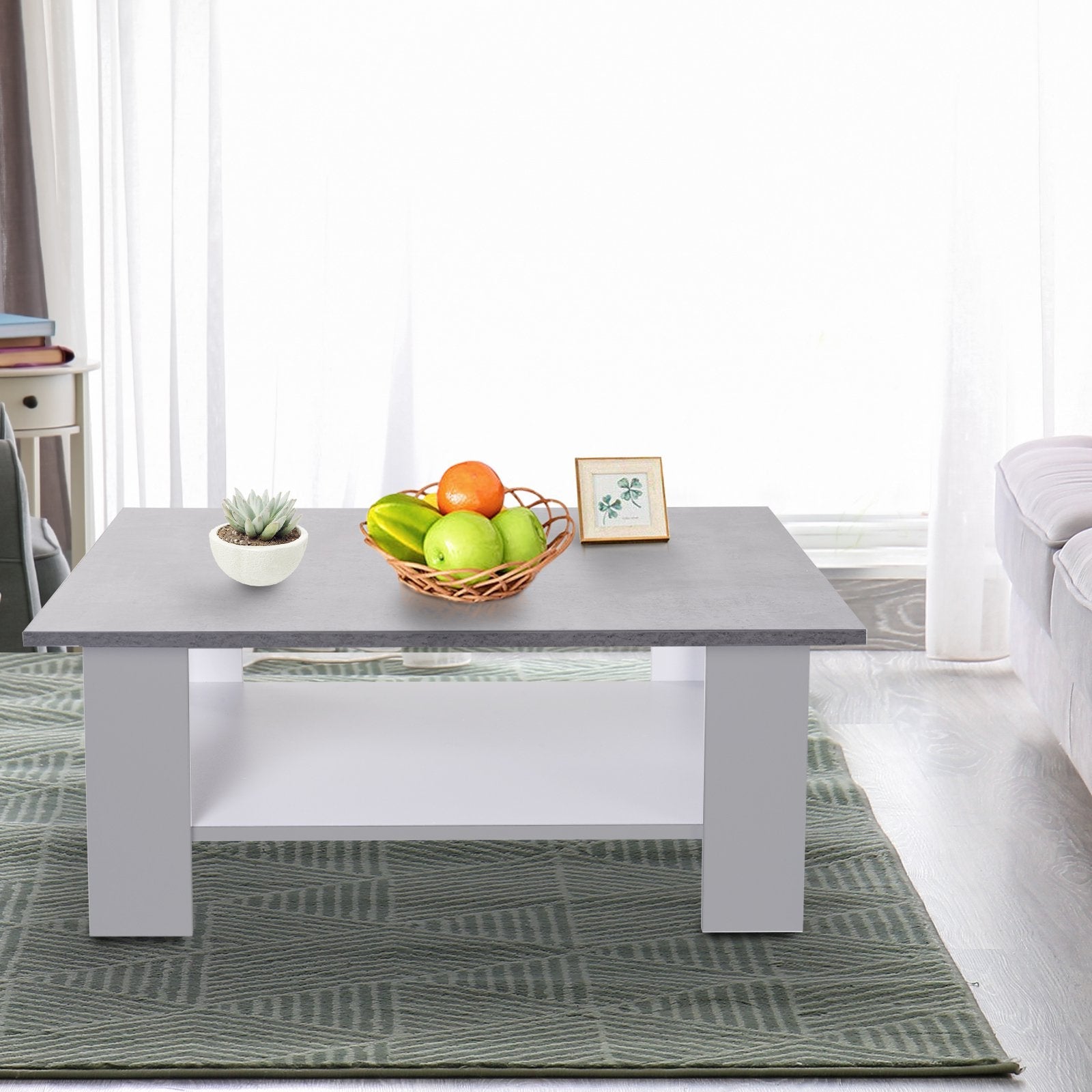 Square Coffee Table, Wooden Coffee Table with Storage, Cocktail Center Tea Table for Home Office, 80W x 80D x 31.5Hcm, Grey and White