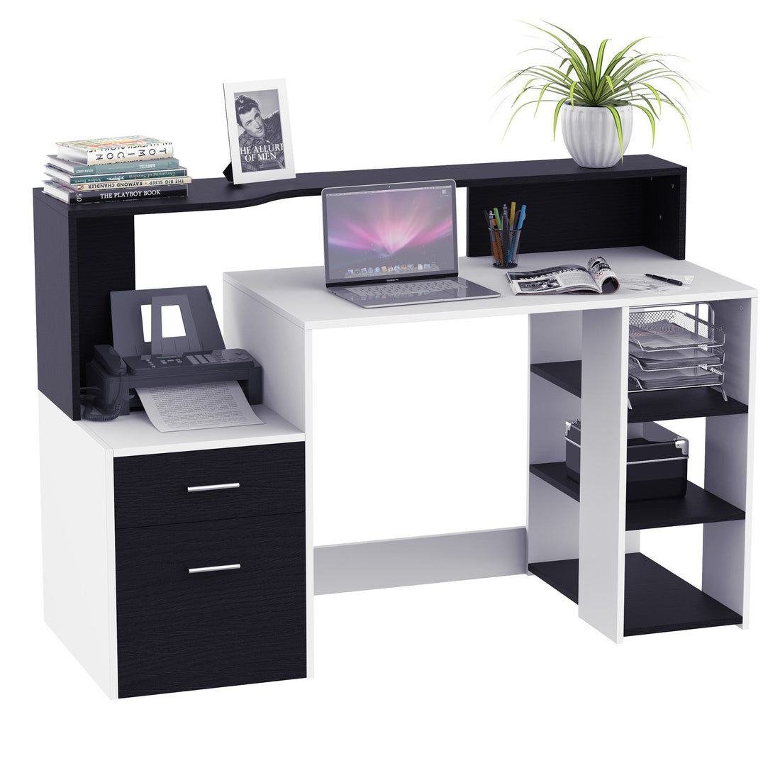 Computer Desk with Drawers and Storage Shelves, Reception Desk, Study Workstation for Home Office, 137 x 55 x 92cm, Black and White