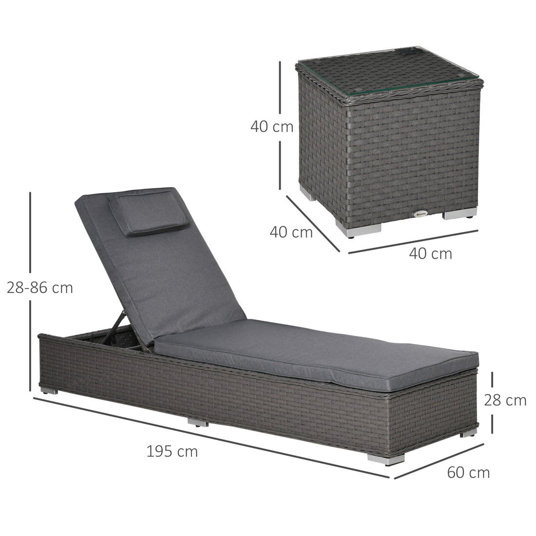 3 Pieces Rattan Sun Lounger Set with Aluminium Frame, 5-Position Adjustable Reclining Garden Chairs and Glass Top Table, Wicker Garden Furniture Daybed with Cushions for Patio, Grey