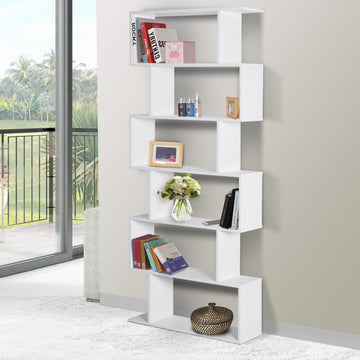 Bookcase, 6 Tier Shelf S Shaped Bookshelf, Storage Unit, Display Shelf for Living Room, Bedroom, Home Office, Plant, White