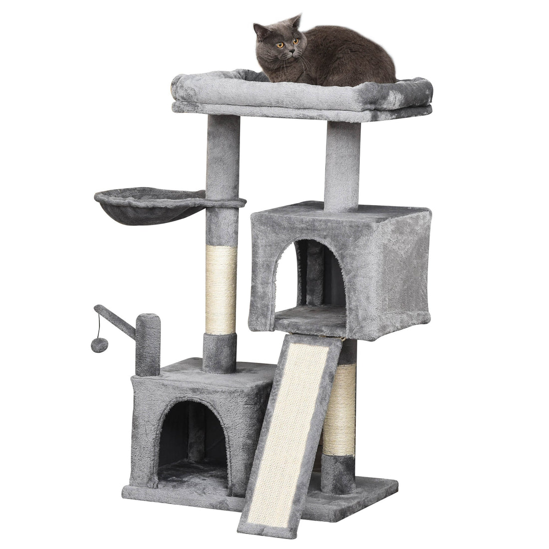 Cat Tree Tower for Indoor Cats, 111cm Kitten Activity Centre with Scratching Post Pad Hammock Condo Bed Ball Toy, Grey