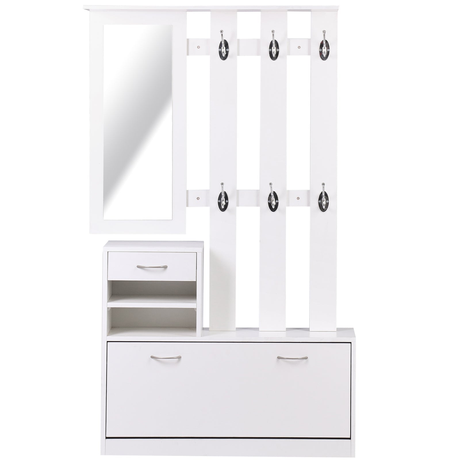 2PC Shoes Storage Chest Cloths Rack Unit w/Mirror Multiple Shelves Large Storage Capacity Shoes Cabinet 6 Hooks Cloth Rack White