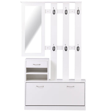 2PC Shoes Storage Chest Cloths Rack Unit w/Mirror Multiple Shelves Large Storage Capacity Shoes Cabinet 6 Hooks Cloth Rack White