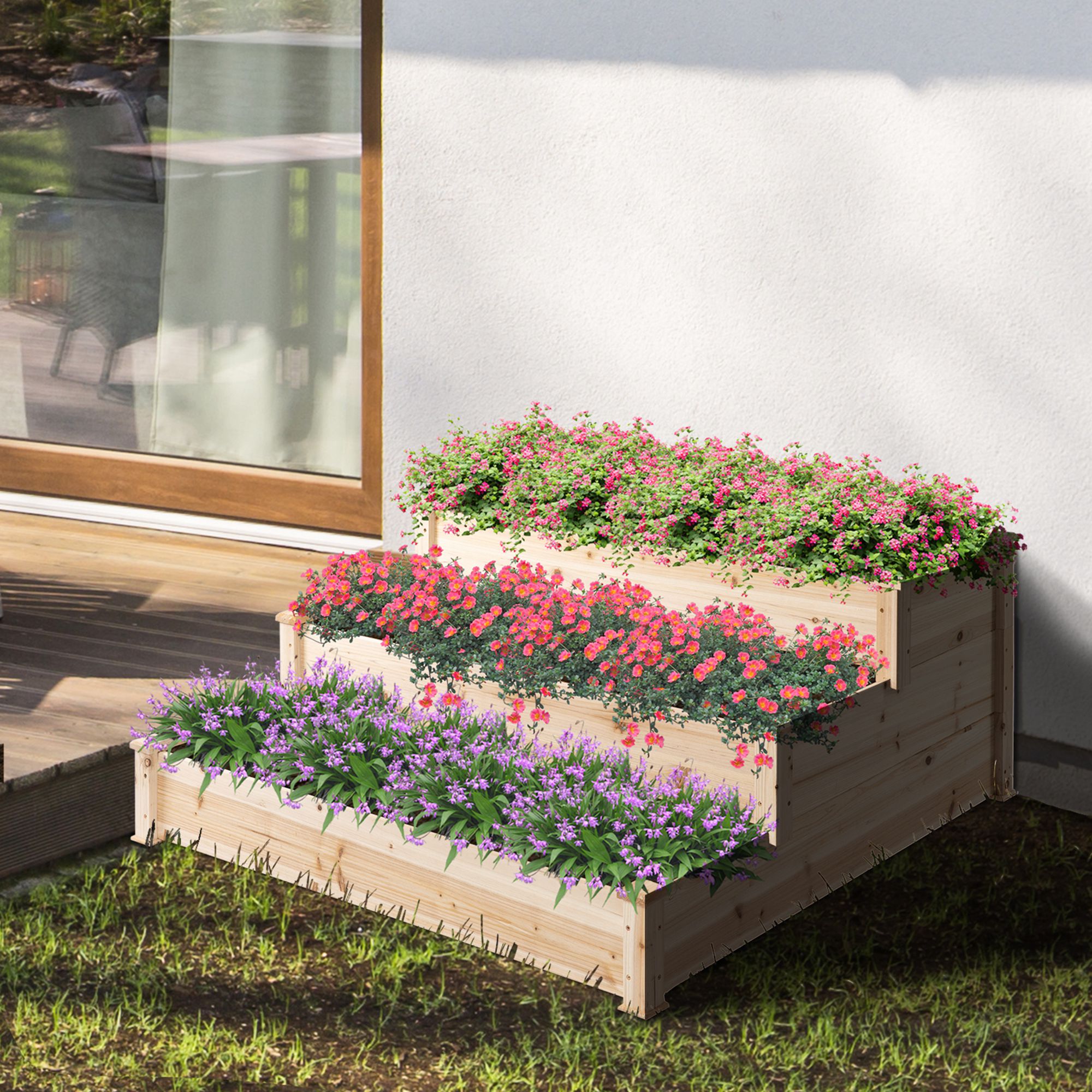 470L Raised Garden Bed, 3-Tier Planter Kit, Elevated Wooden Planters for Garden, Yard & Patio, 124 x 124 x 56 cm