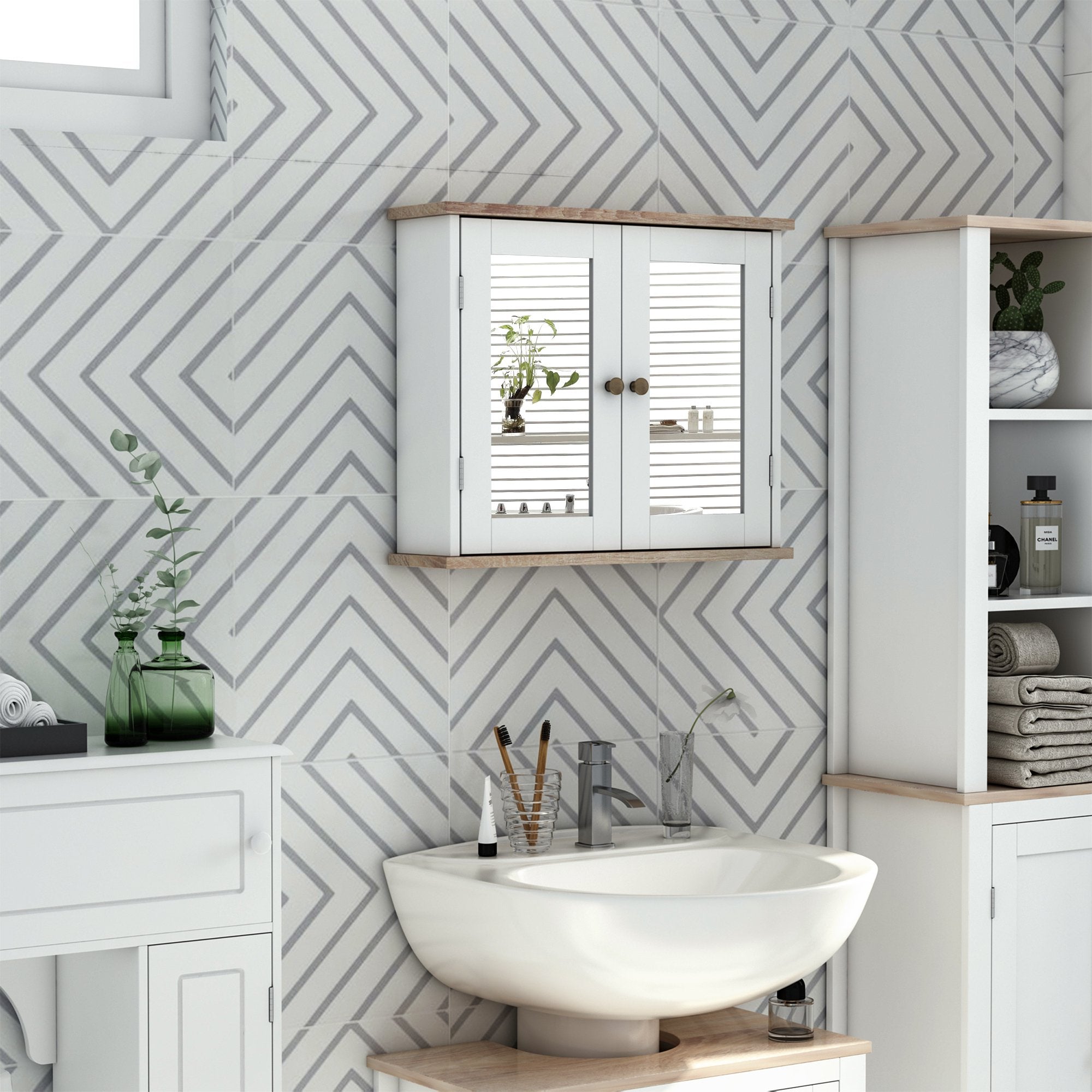 Bathroom Mirror Cabinet Wall Mounted Storage Cupboard with Double Door and Adjustable Shelf, White