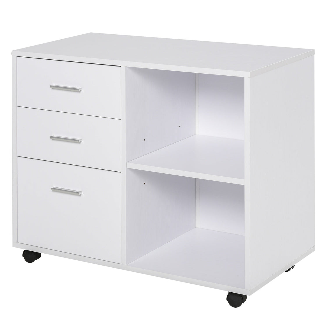 Freestanding Printer Stand Unit Office Desk Side Mobile Storage w/ Wheels 3 Drawers, 2 Open Shelves Modern Style 80L x 40W x 65H cm - White