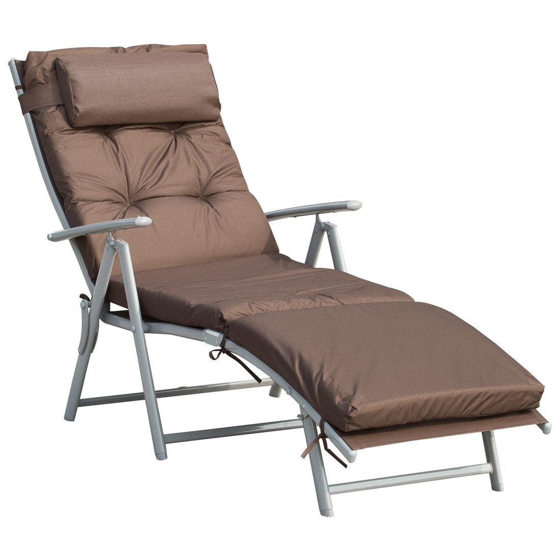 Sun Lounger Steel Frame Outdoor Folding Chaise Texteline Lounge Chair Recliner with Headrest & 7 Levels Adjustable Backrest, Brown