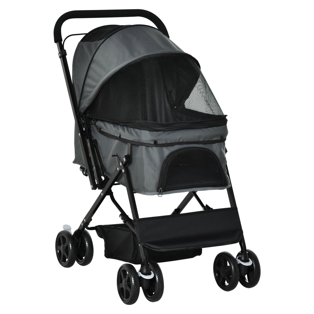 Pet Stroller Pushchair Foldable Travel Dog Cat Carriage w/ Reversible Handle Brake Basket