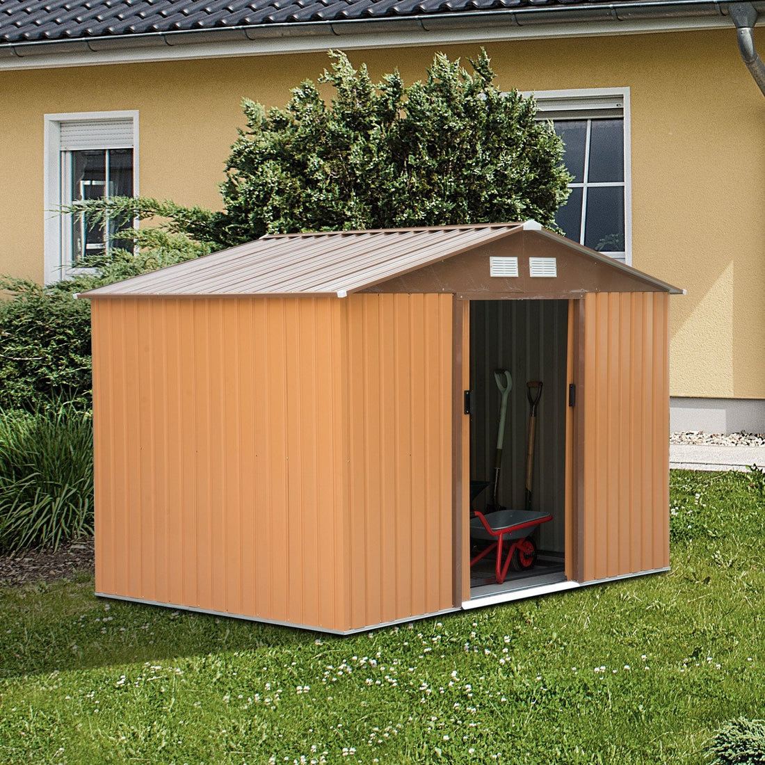 9 x 6ft Metal Garden Shed, Outdoor Storage Tool House with Ventilation Slots, Foundation Kit and Lockable Double Doors, Light Brown