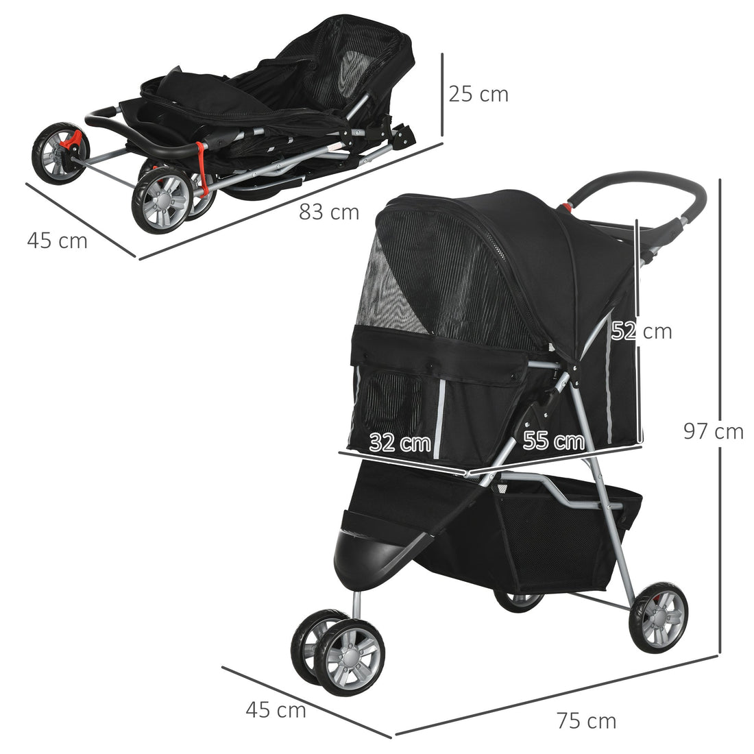 Dog Stroller, 3 Wheels Foldable Cat Dog Pram with Cup Holder, Storage Basket, Pet Stroller for Small Miniature Dogs, Black