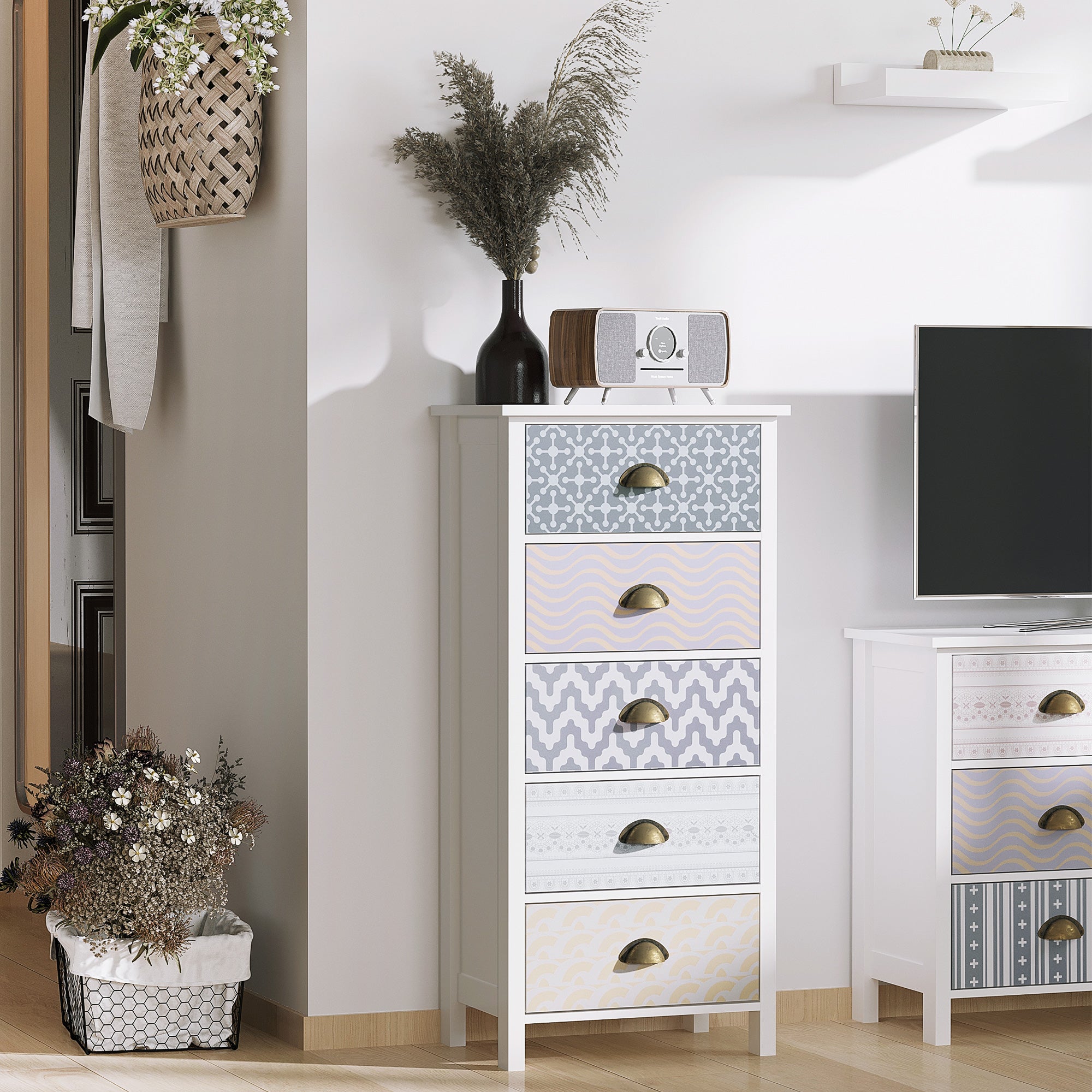 Slim Storage Cabinet Organiser, Chest of Drawers, 5-Drawer Dresser with Metal Handle for Living Room, Bedroom, Purple