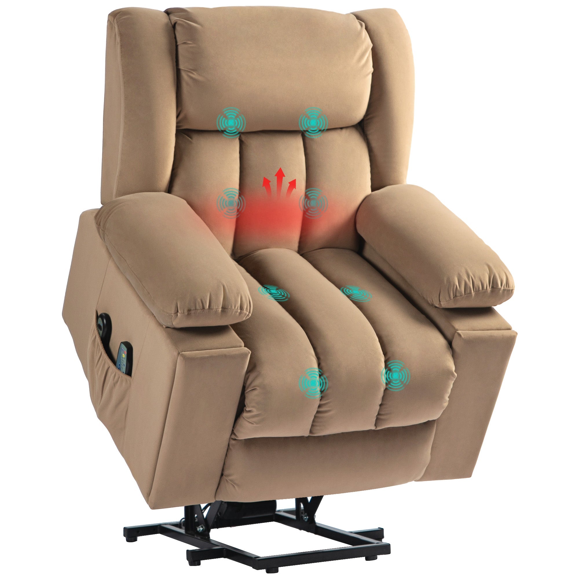 Velvet-Feel Electric Riser, Recliner and Massage Armchair - Light Brown