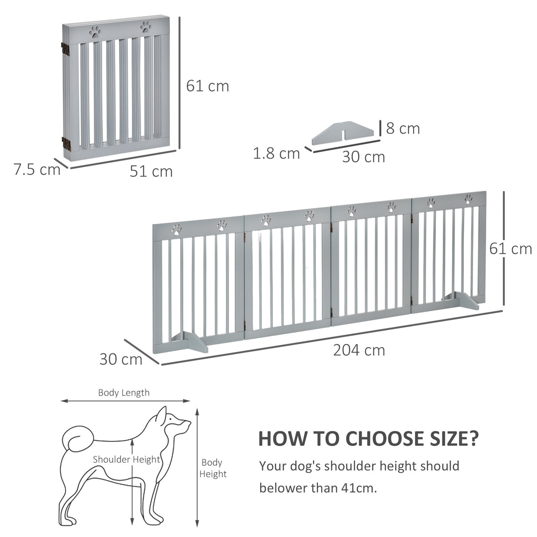 Freestanding Pet Gate 4 Panel Folding Wooden Dog Barrier w/ Support Feet