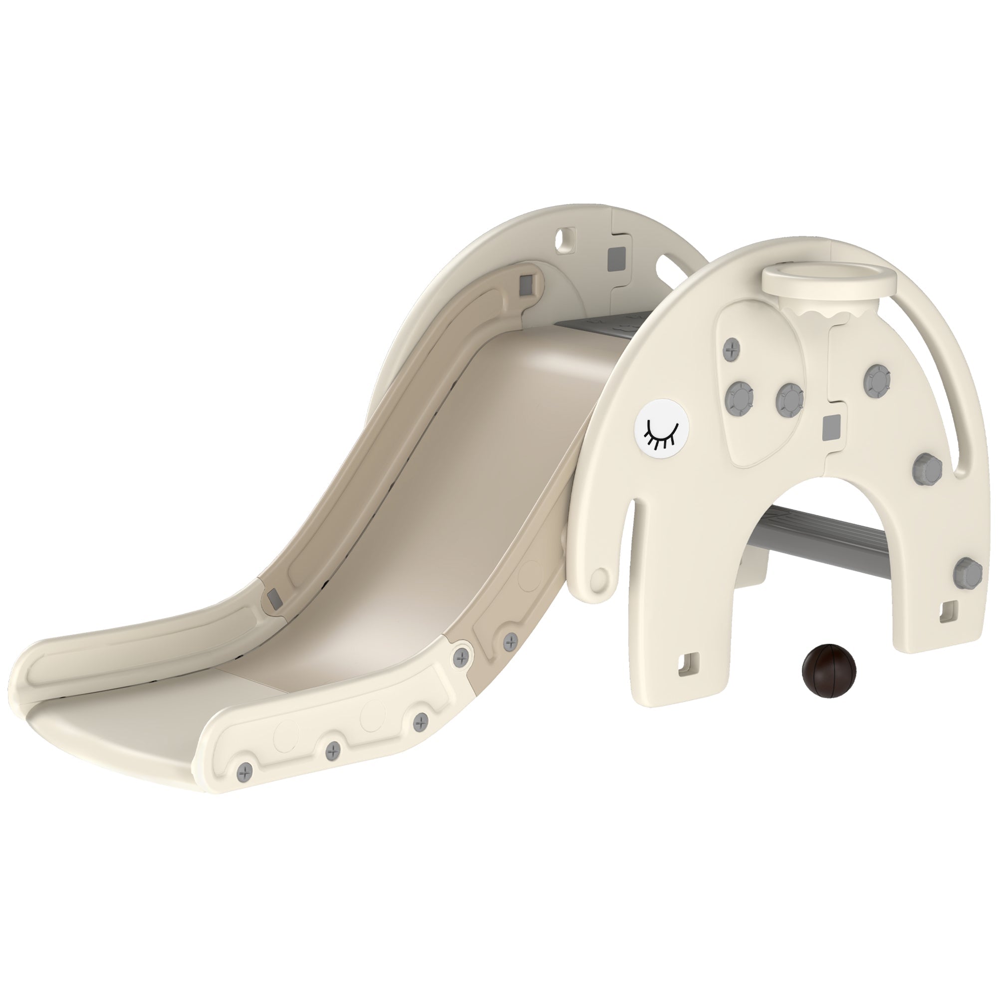 3 in 1 Toddler Slide with Basketball Hoop, Climber, Elephant-Themed, for 1-3 Years, Cream White