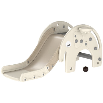 3 in 1 Toddler Slide with Basketball Hoop, Climber, Elephant-Themed, for 1-3 Years, Cream White