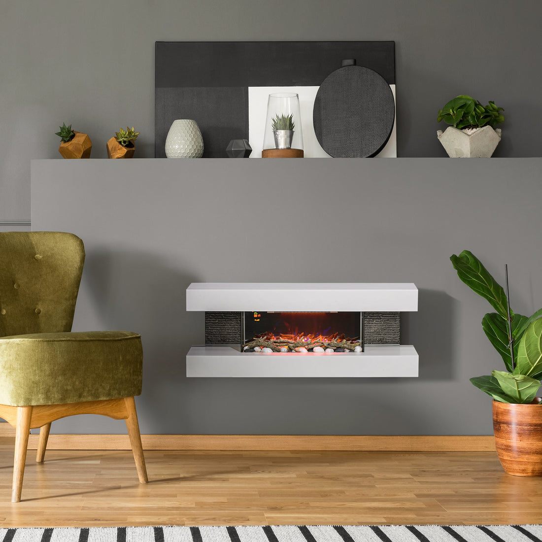47inch / 120cm Electric Fireplace Wall Mounted, Freestanding, Glass Electric Fire Suite with Mantel, Adjustable LED Flame Effect and Temperature, Log, Pebble, Remote Control, 2000W, White