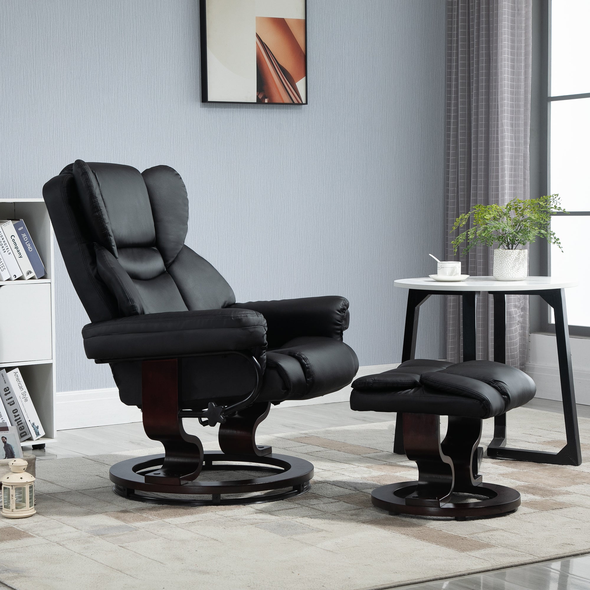 Faux Leather Recliner Chair and Footstool, Swivel Upholstered Armchair and Footstool with Adjustable Backrest, Solid Wood Base for Living Room, Black