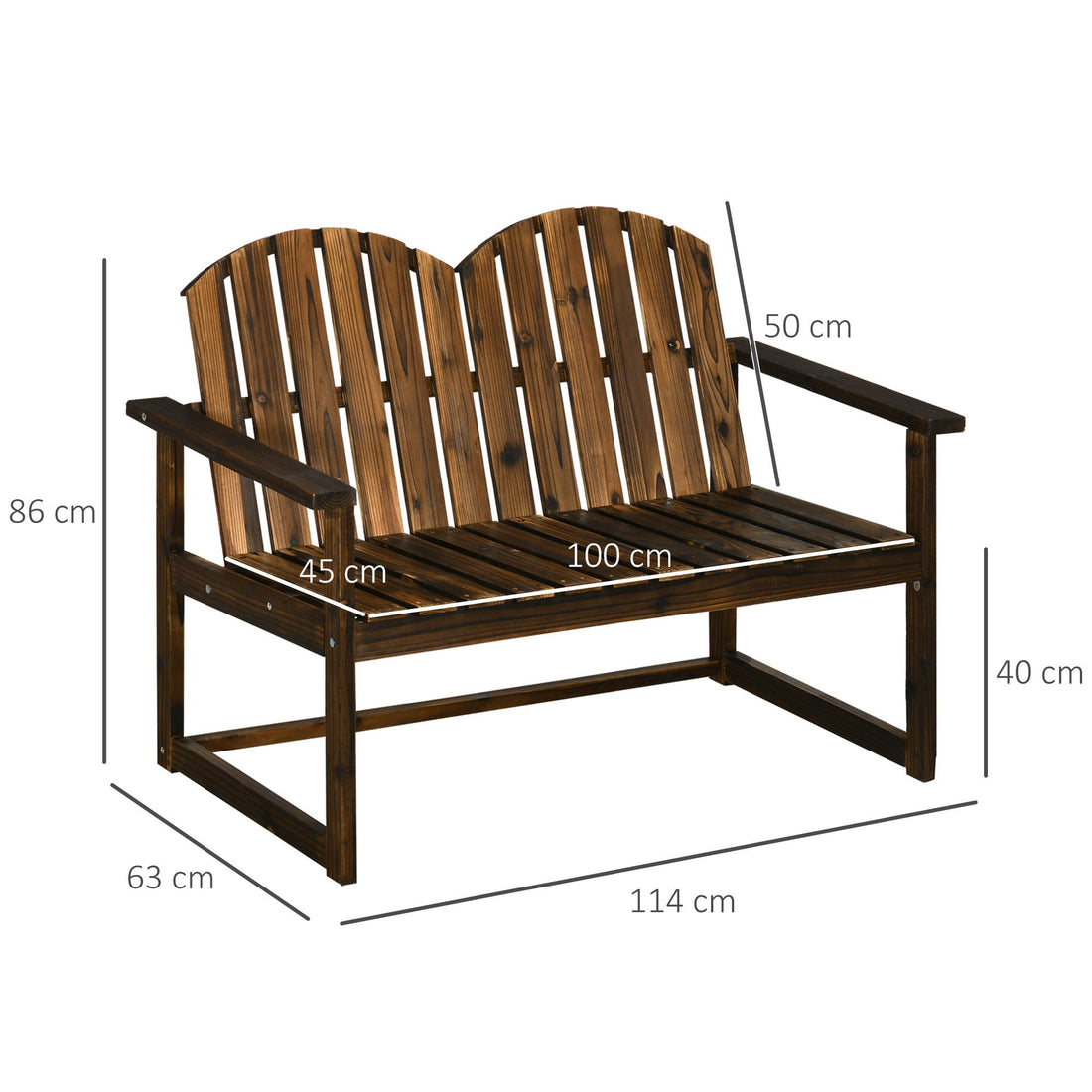 Outdoor Wooden Garden Bench, Patio Loveseat Chair with Slatted Backrest and Smooth Armrests for Two People, for Yard, Lawn, Porch, Carbonised Finish