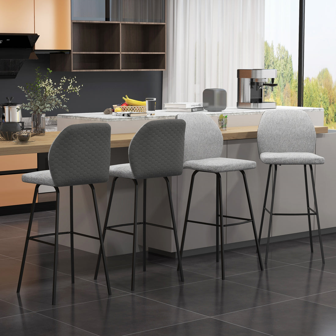 Bar Stools Set of 4, Linen-Touch Upholstered Bar Chairs, Kitchen Stools with Backs and Steel Legs for Dining Room, Light Grey