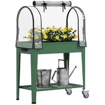 Raised Planter with Greenhouse Cover, Mobile Elevated Garden Bed with Wheels and Bottom Shelf for Vegetables, Green