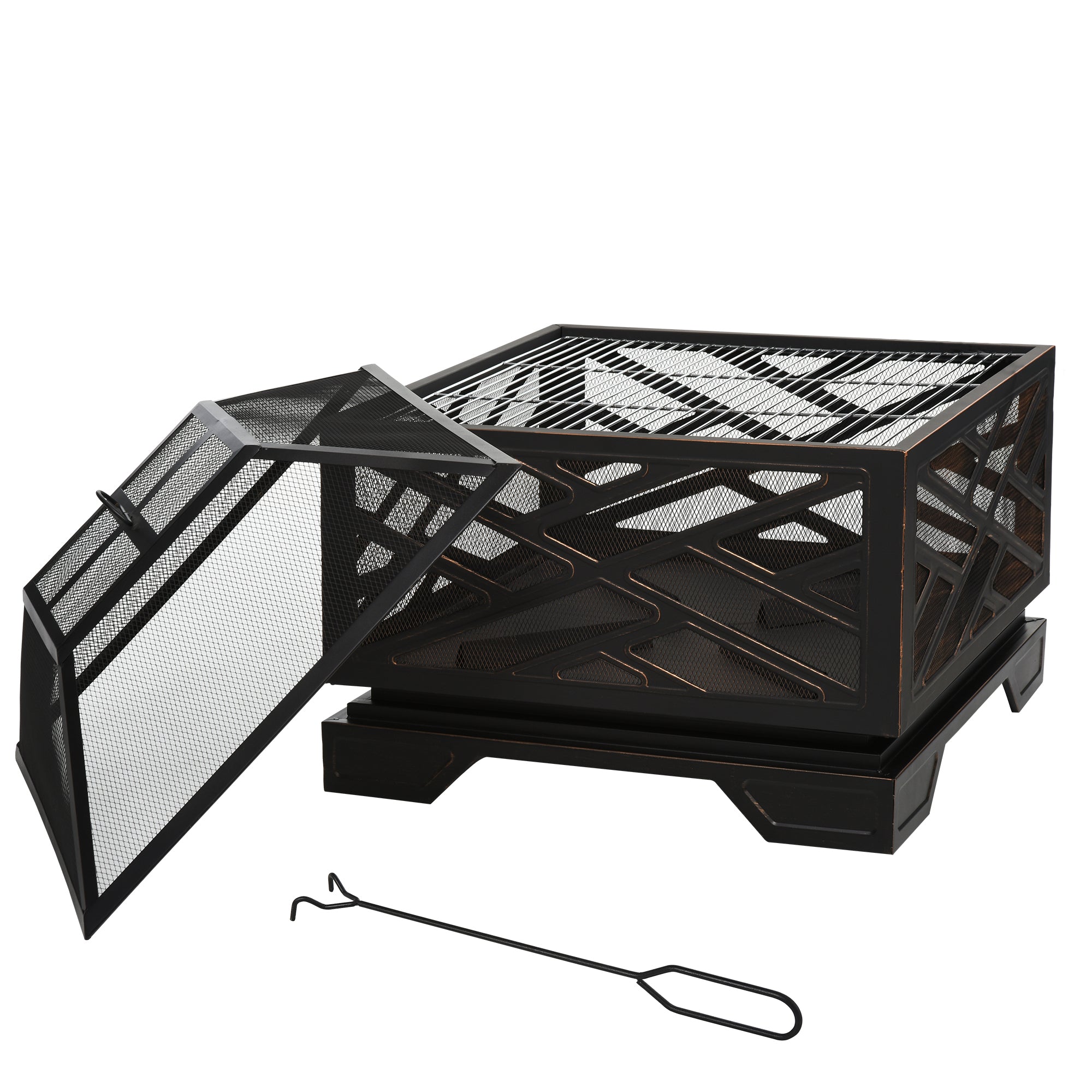Metal Firepit Outdoor 2 in 1 Square Fire Pit Brazier w/ Grill Shelf, Lid, Poker for Backyard, Camping, BBQ, Bonfire, Wood Burning Stove, 66 x 66 x 66cm, Black