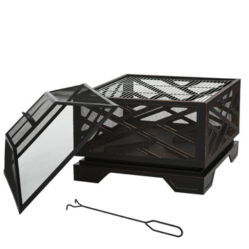 Metal Firepit Outdoor 2 in 1 Square Fire Pit Brazier w/ Grill Shelf, Lid, Poker for Backyard, Camping, BBQ, Bonfire, Wood Burning Stove, 66 x 66 x 66cm, Black