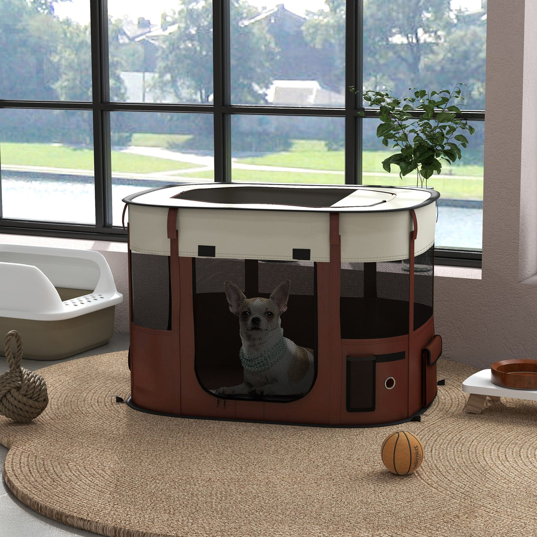 Foldable Dog Pen with Storage Bag for Indoor/Outdoor Use, Portable Pet playpen, with Ground Stakes - Brown