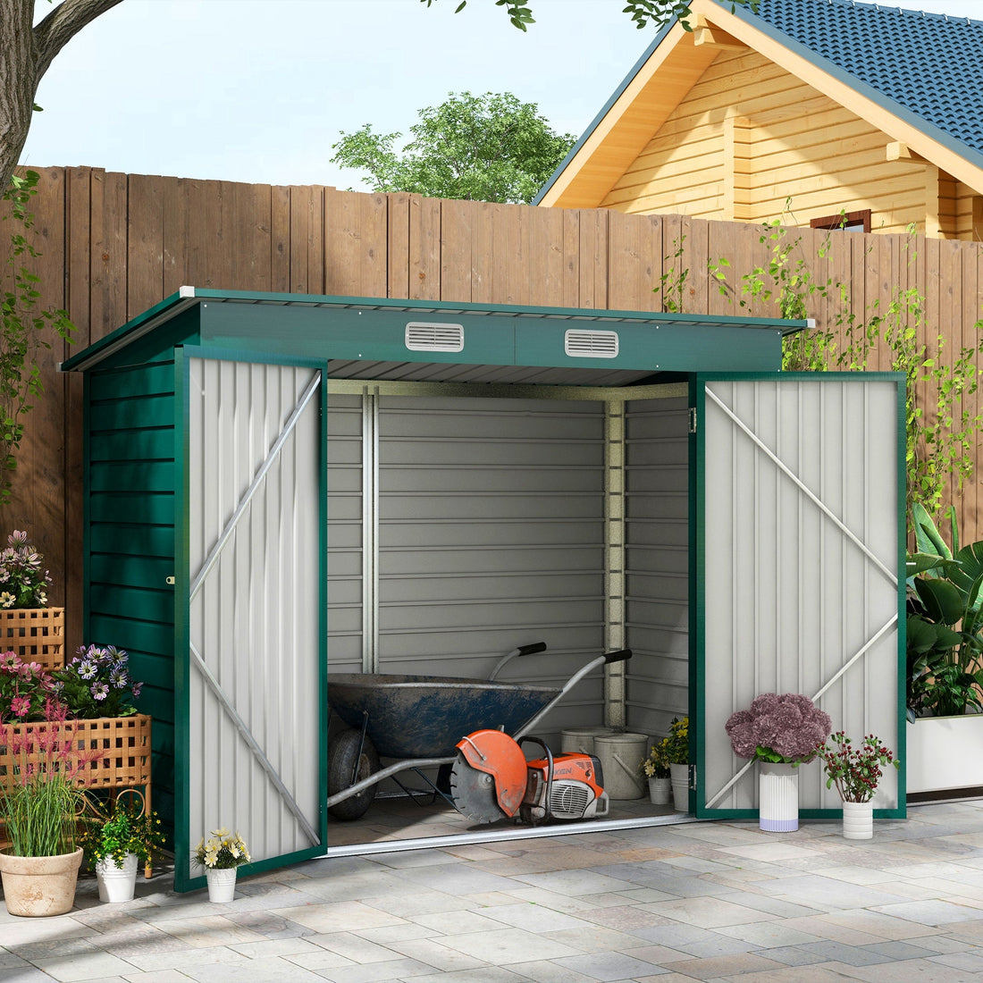 3.7 x 7.9ft Galvanised Steel Shed, with Latched Door and Padlock - Green