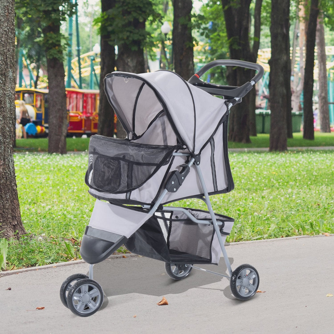 Dog Stroller, 3 Wheels Foldable Cat Dog Pram with Cup Holder, Storage Basket, Pet Stroller for Small Miniature Dogs, Grey