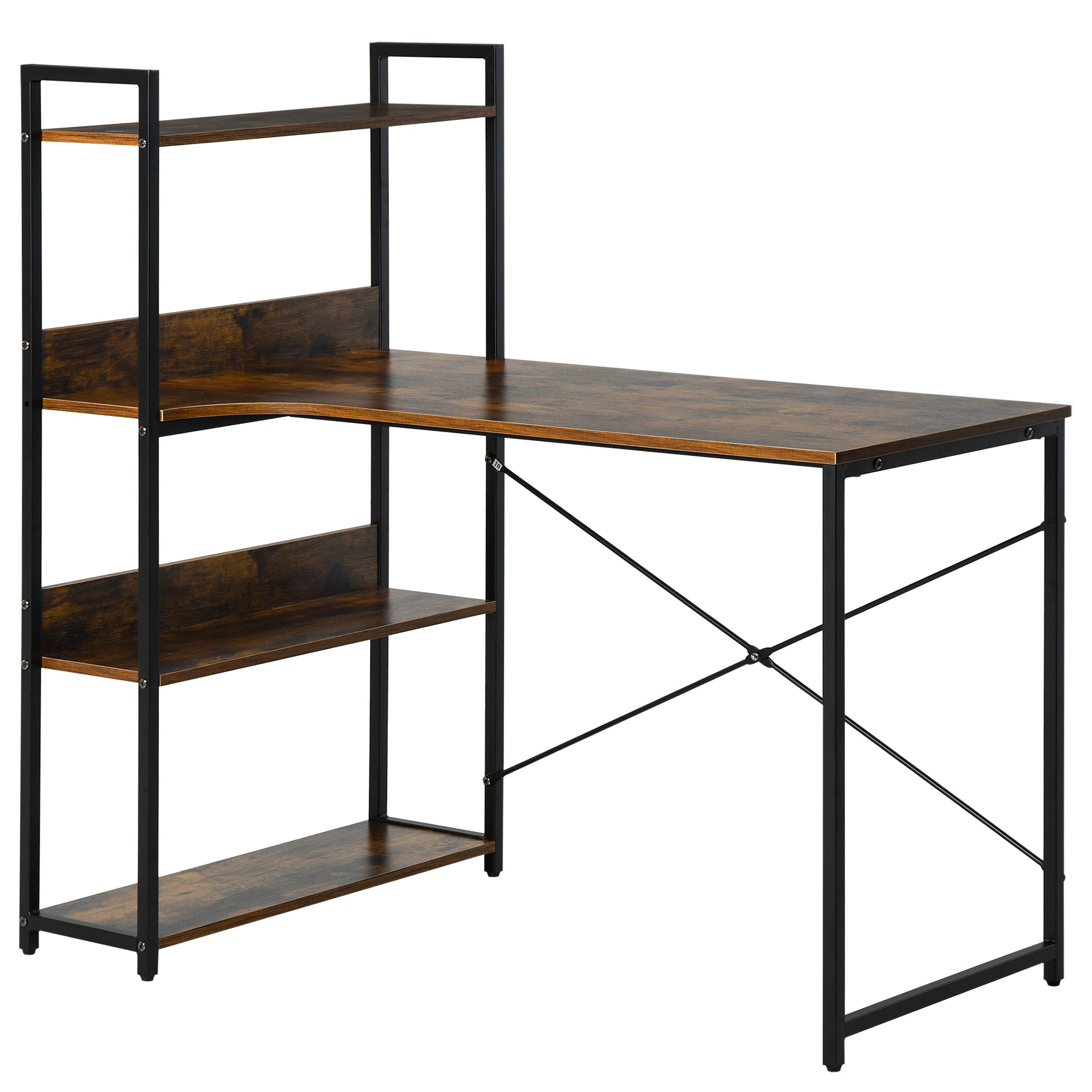 Office Desk with Storage Shelves, 120 CM Computer Desk, Industrial Study Table with Metal Frame for Home Office Small Space, Rustic Brown