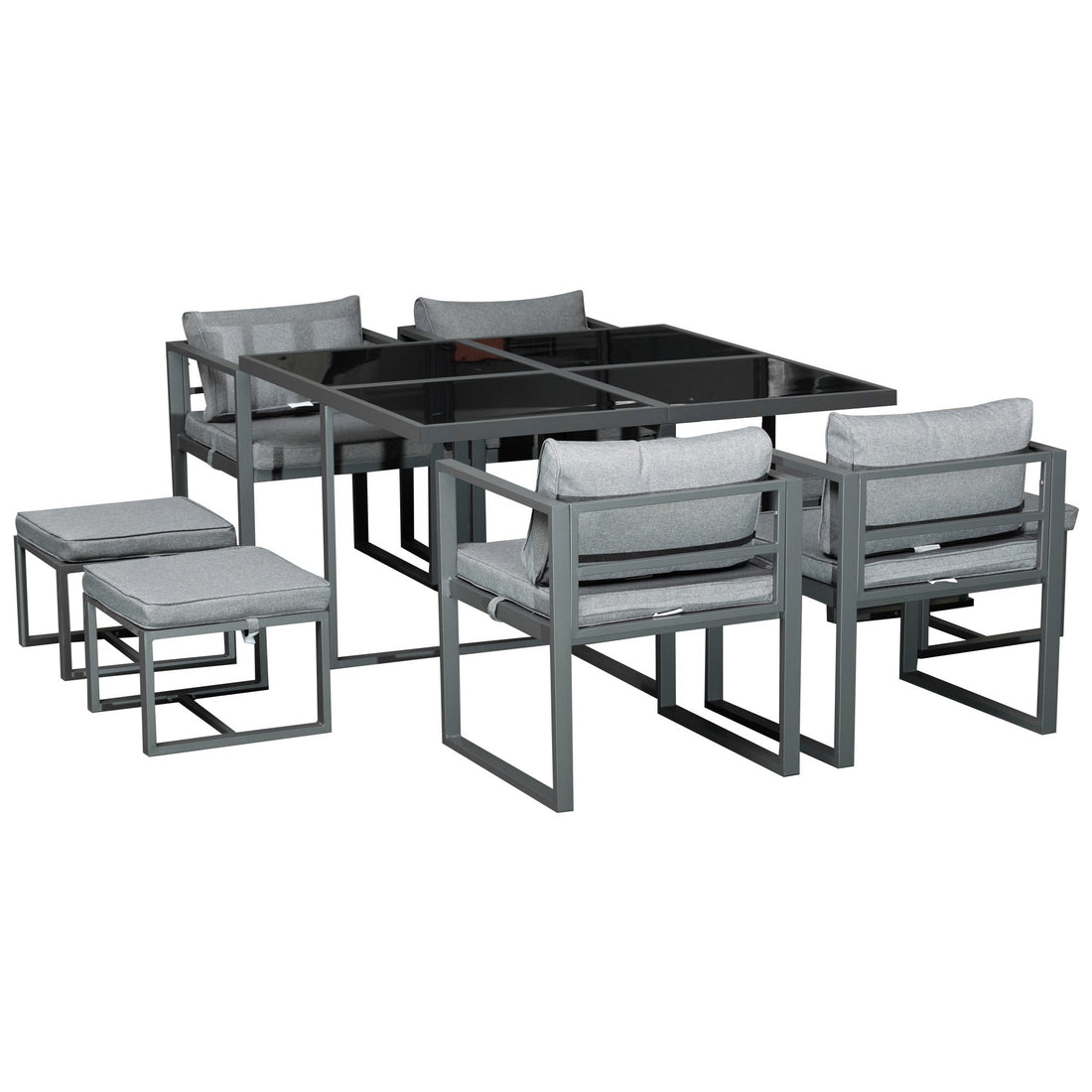 9PCs Patio Aluminium Dining Set, Space Saving Cube Set with 4 Chairs, 4 Ottoman, Cushions, 8 Seater Garden Furniture