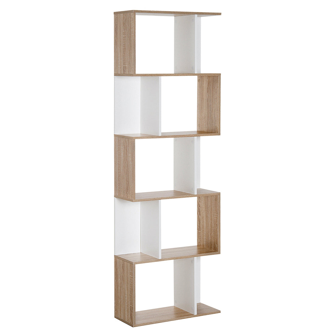 Bookcase, S-Shaped Wooden Bookshelf, 5/6 Tiers Freestanding Storage Shelf, Home Office Decorative Display Stand Rack, Oak and White, 24D x 60W x 184.5H