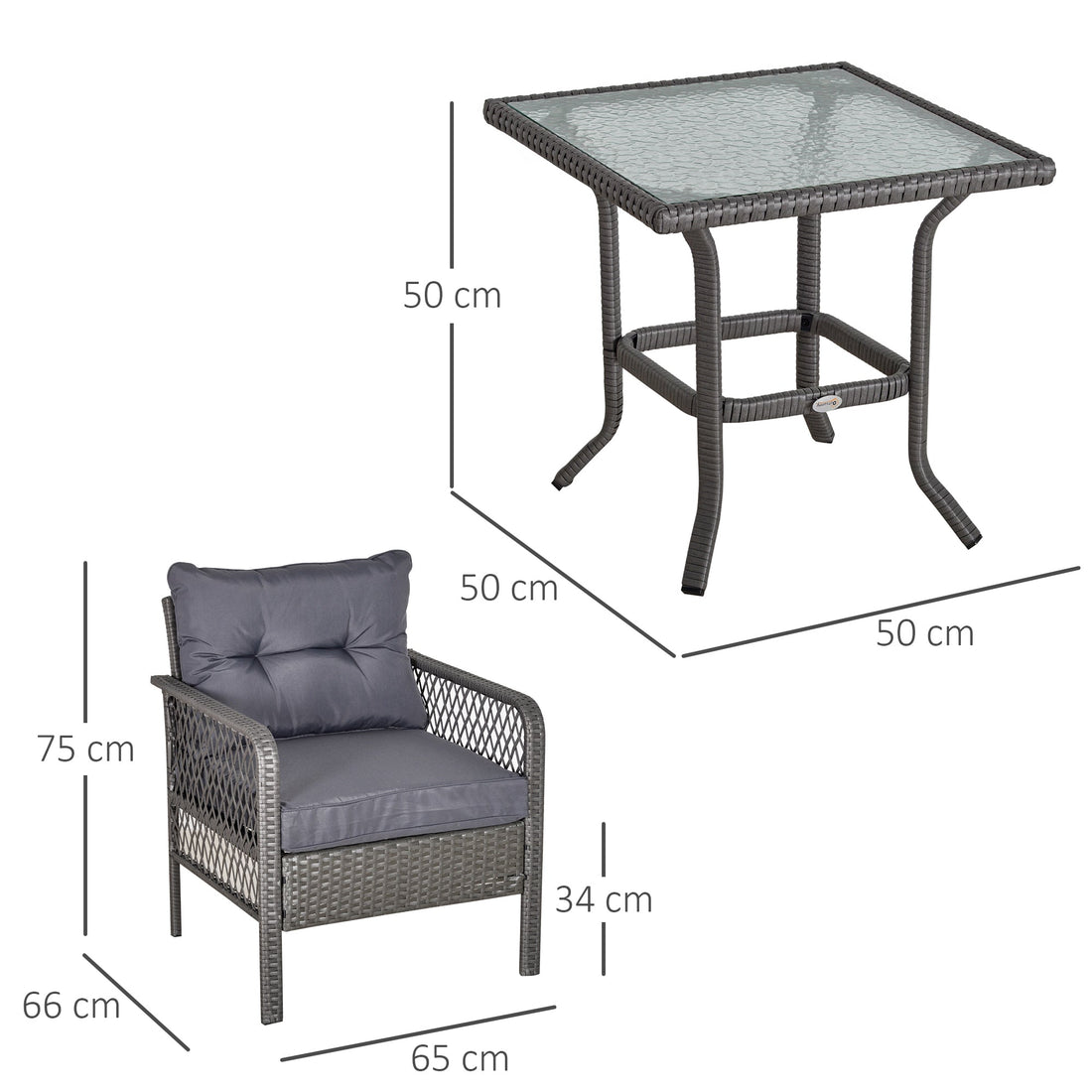3 Pieces Rattan Bistro Set with Glass Top Coffee Table, Chairs and Cushions for Outdoor, Patio, Balcony, Grey
