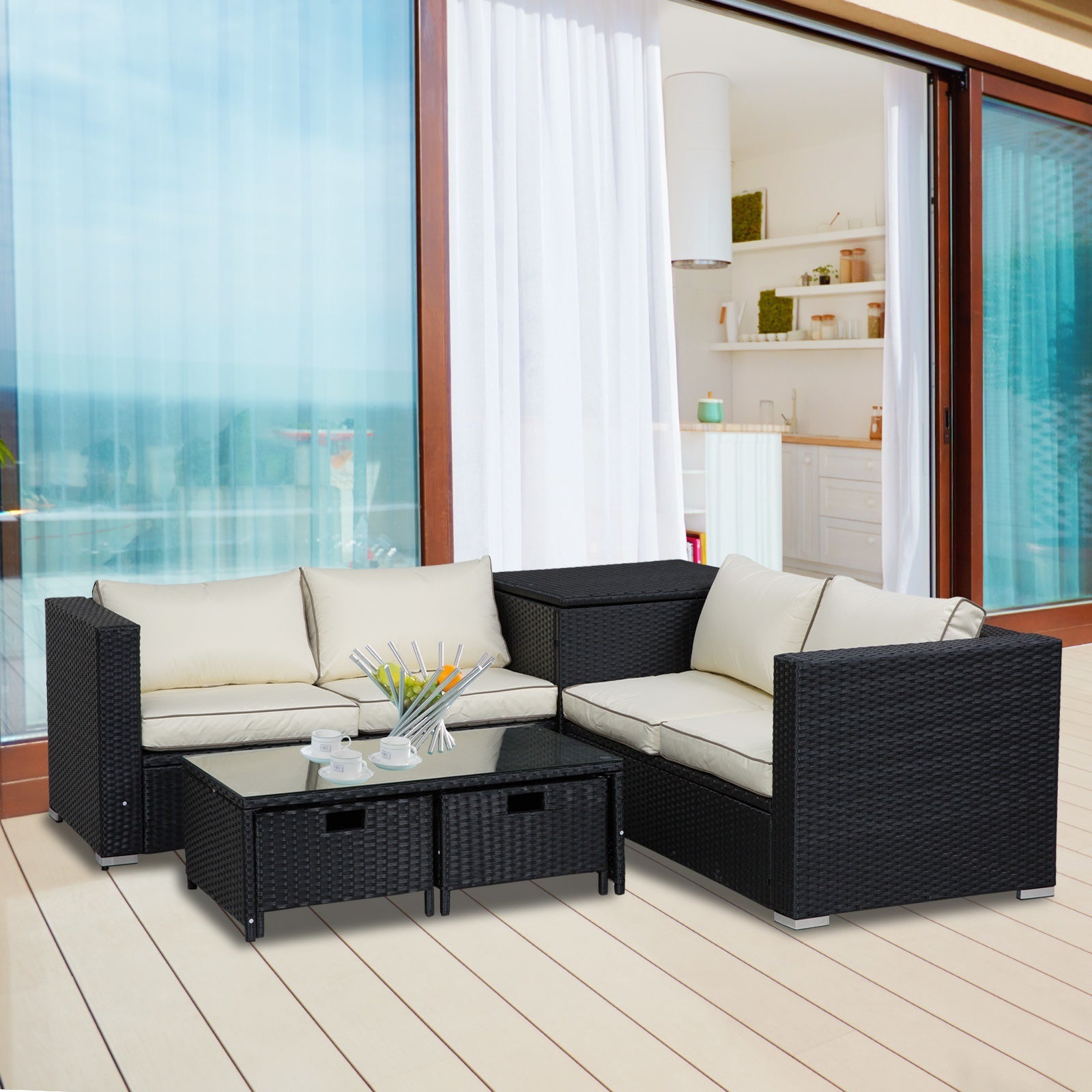 4 Pieces Rattan Garden Furniture Set, 4 Seater Corner Sofa Set with Storage Box, 2 Drawers Coffee Table, Loveseats with Cushions, Wicker Garden Conservatory Furniture for Balcony, Black