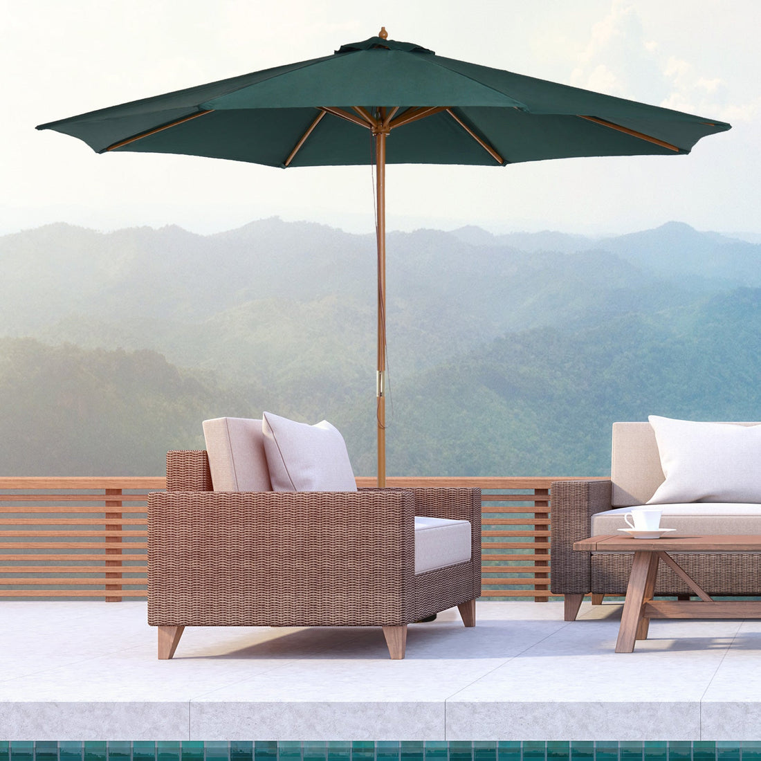 3(m) Wooden Patio Umbrella, Pulley Operated Garden Parasol with Rope Pulley Mechanism and 8 Ribs, Dark Green