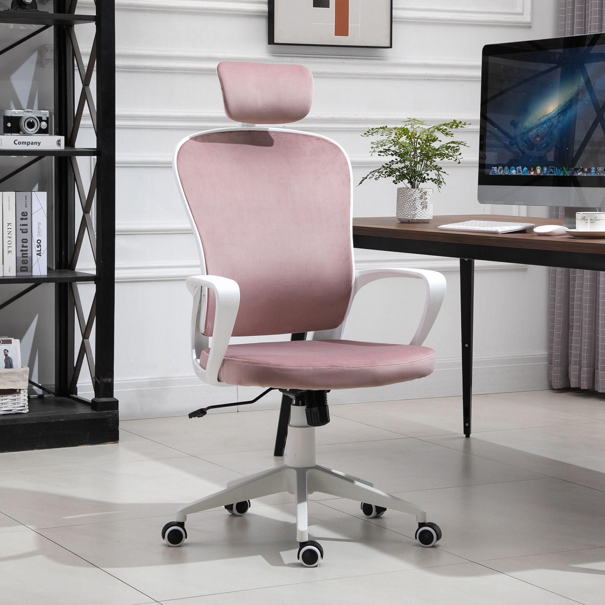 Office Chair, Ergonomic Desk Chair, High Back Velvet Fabric Computer Chair with Adjustable & Liftable Headrest for Home, Pink