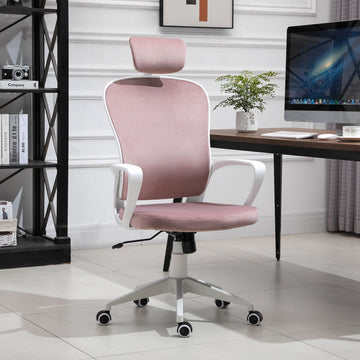 Office Chair, Ergonomic Desk Chair, High Back Velvet Fabric Computer Chair with Adjustable & Liftable Headrest for Home, Pink