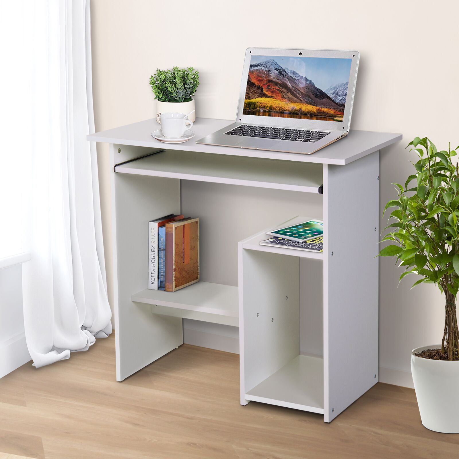 Compact Small Computer Table Wooden Desk Keyboard Tray Storage Shelf Modern Corner Table Home Office White
